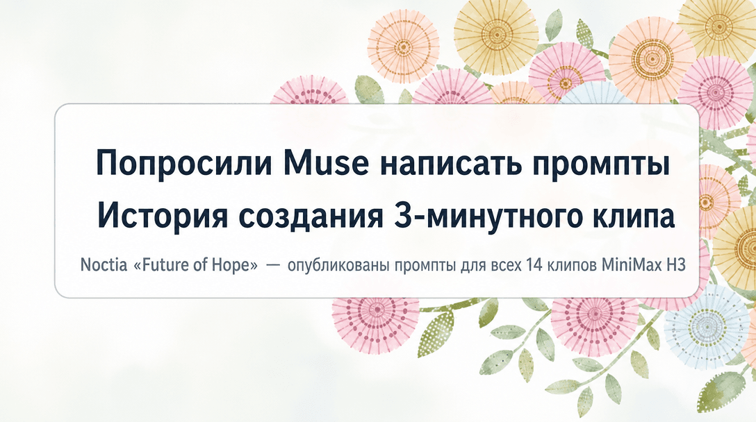 Заголовок на японском сообщает о создании трёхминутного клипа Noctia «Future of Hope» по промптам Muse с помощью MiniMax H3.
