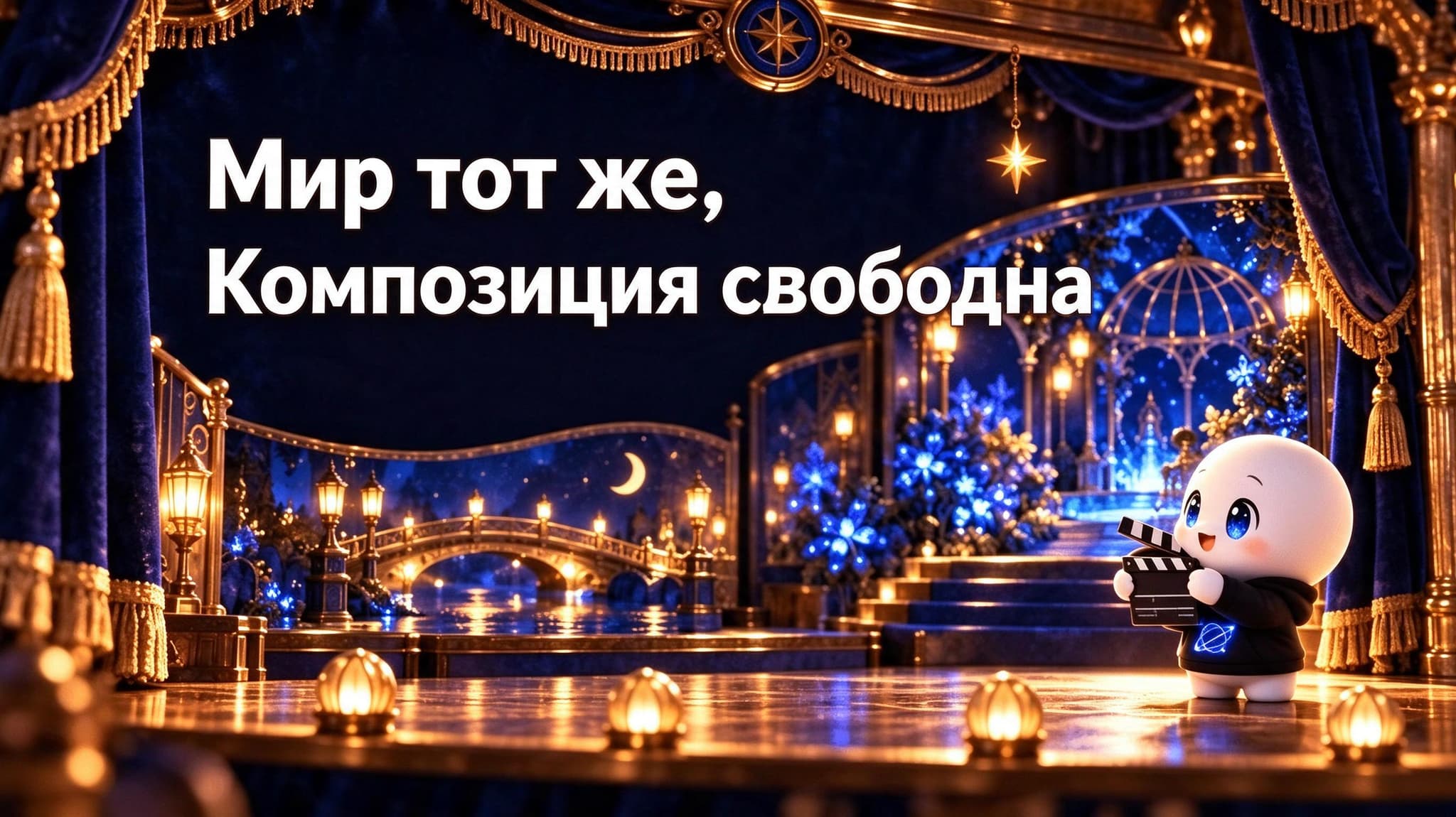 Один и тот же персонаж показан в новом театральном окружении; надпись предлагает сохранять мир и менять композицию.