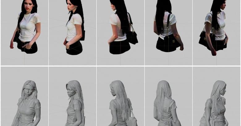 Сравнение 3D-модели женщины в цветном рендере и серой сетке с разных ракурсов.