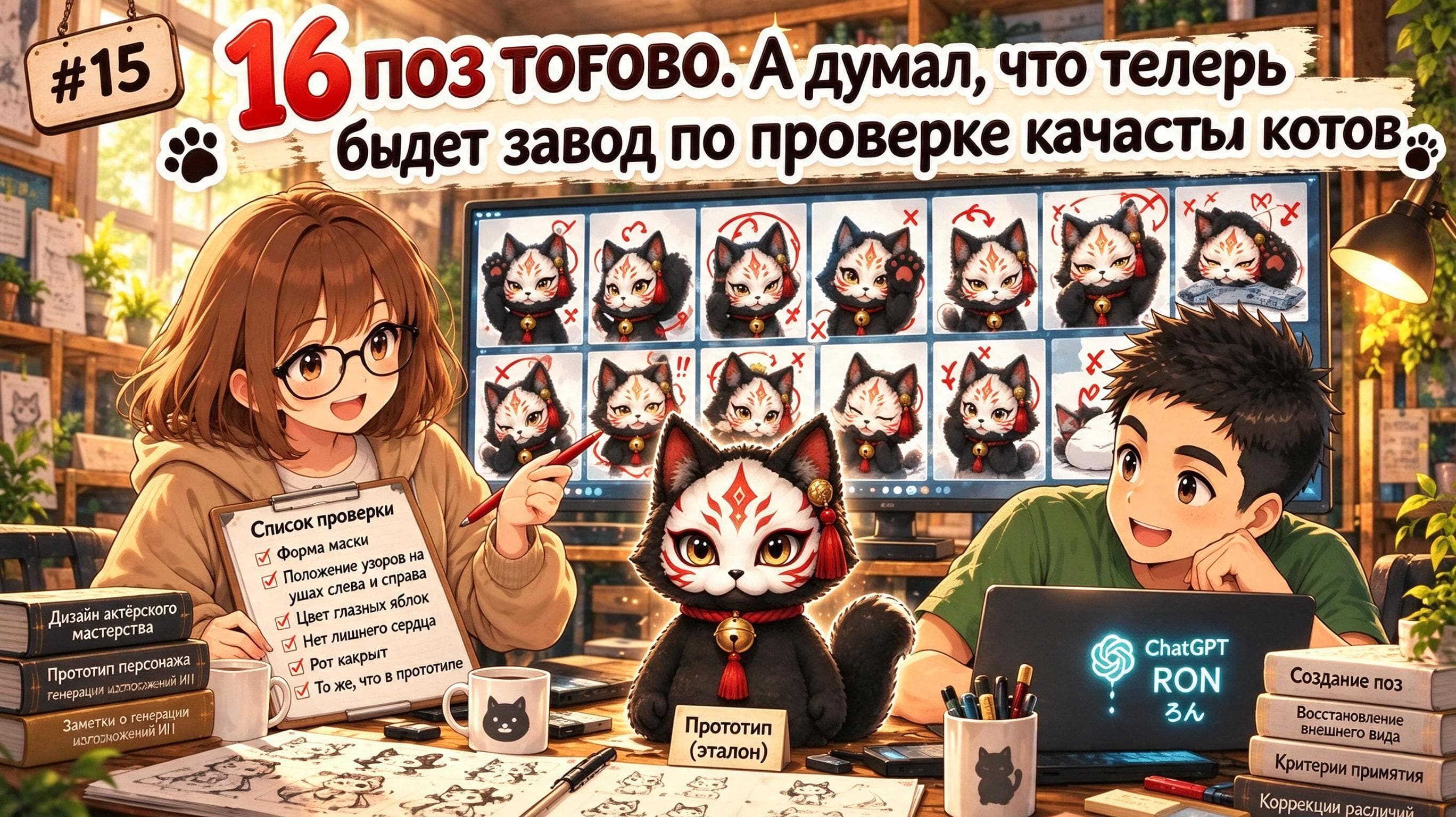 Сетка из вариантов кота с отметками проверки и ошибками показывает ручную проверку 16 поз после генерации.