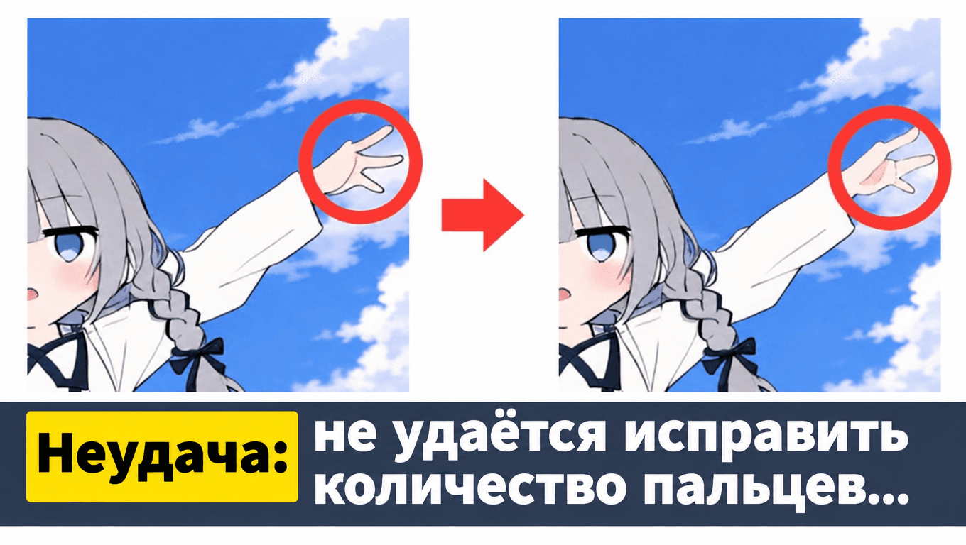 Сравнение изображения до и после обработки Detailer: лицо стало детальнее, но число пальцев исправить не удалось.