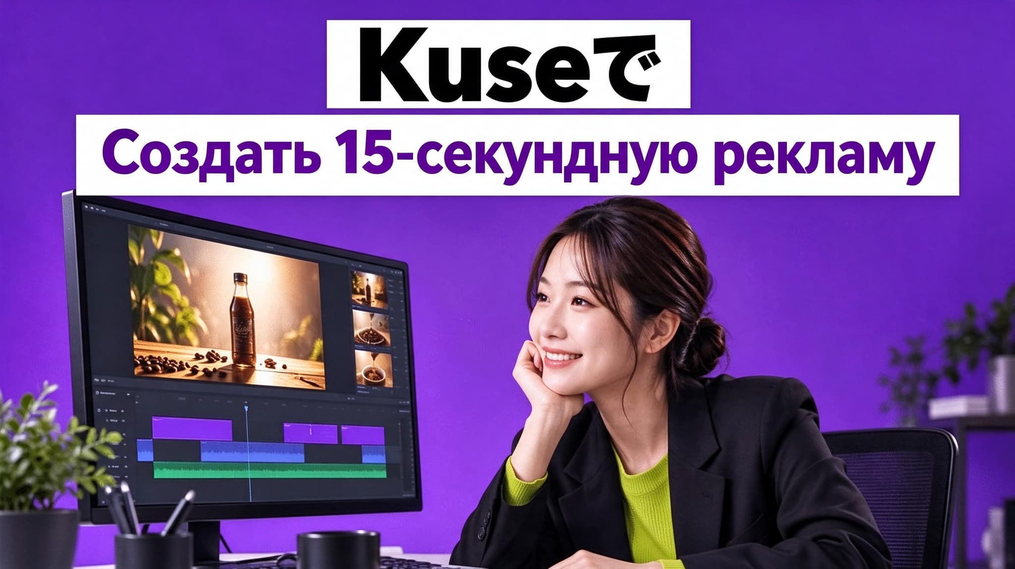 Монтаж рекламного ролика в Kuse: на мониторе видны таймлайн и превью, а заголовок — «15 секунд рекламы».