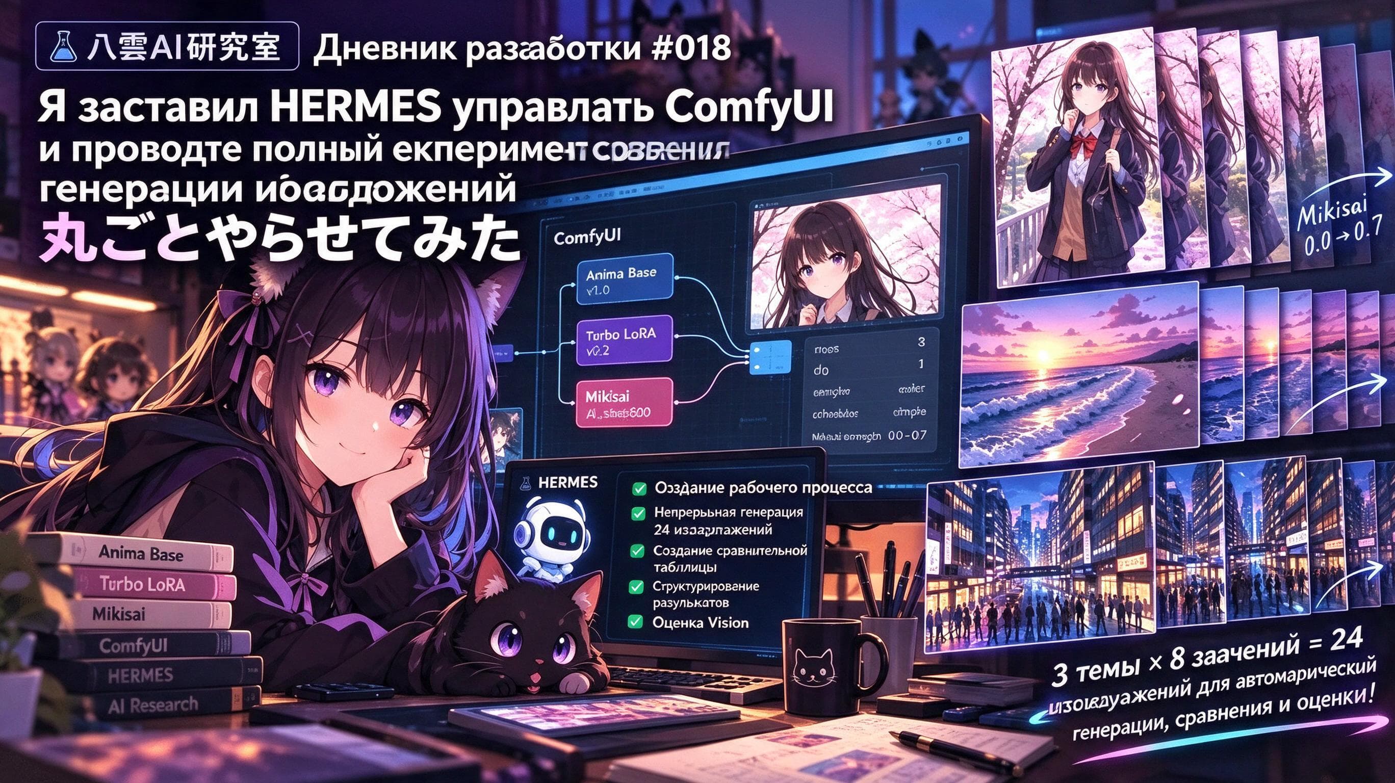 Превью эксперимента в ComfyUI: HERMES сравнивает результаты генерации с разными LoRA.