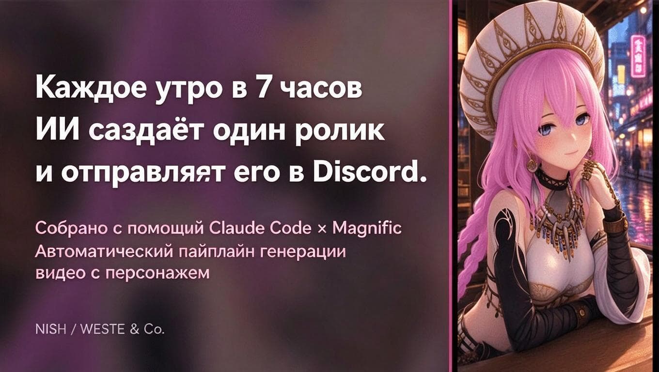 Постер описывает пайплайн Claude Code и Magnific: каждое утро ИИ создаёт ролик с персонажем и отправляет его в Discord.