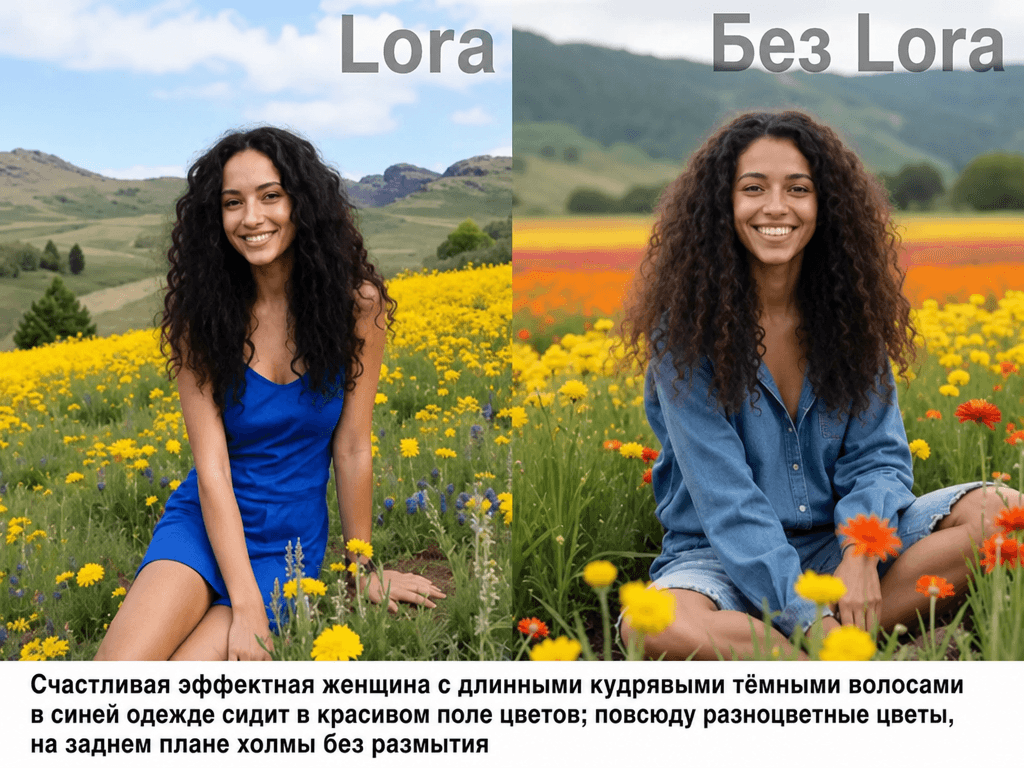 Сравнение изображений с Lora и без неё: слева фон и детали резкие, справа заметно добавлено размытие.