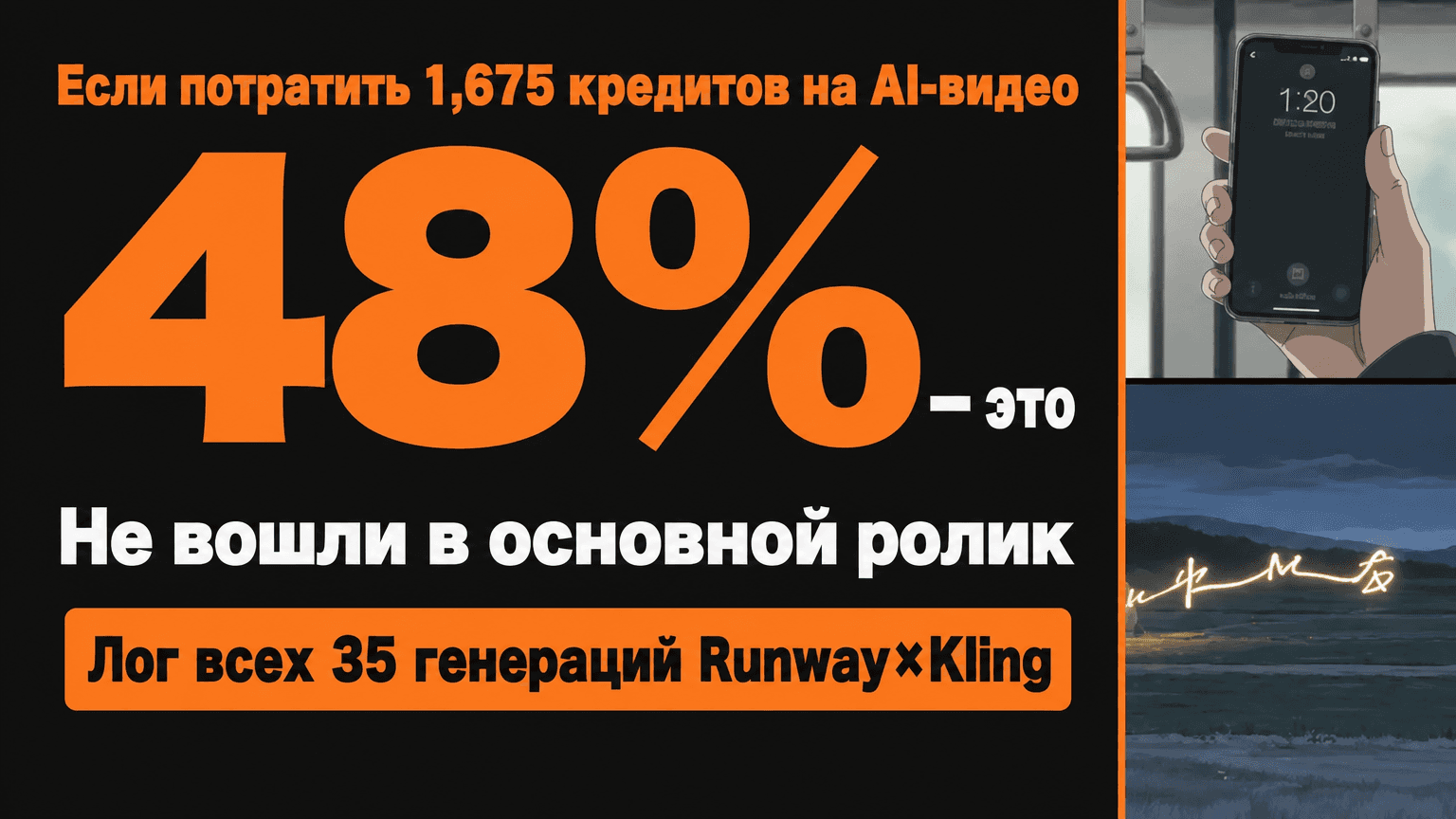 Титульная карточка сообщает, что 48% из 1 675 кредитов Runway×Kling не вошли в основной ролик.
