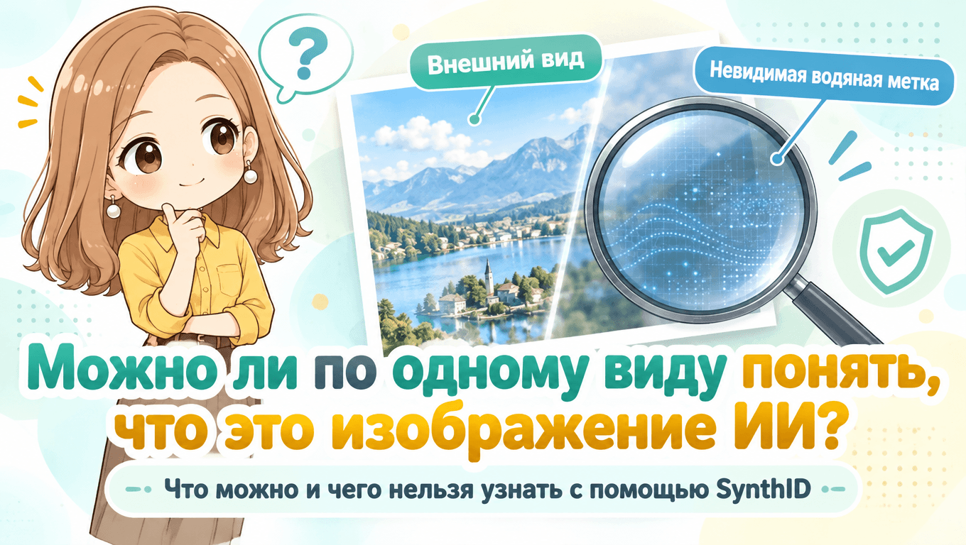 Японская иллюстрация объясняет, что невидимая маркировка SynthID помогает распознавать изображения, созданные ИИ.