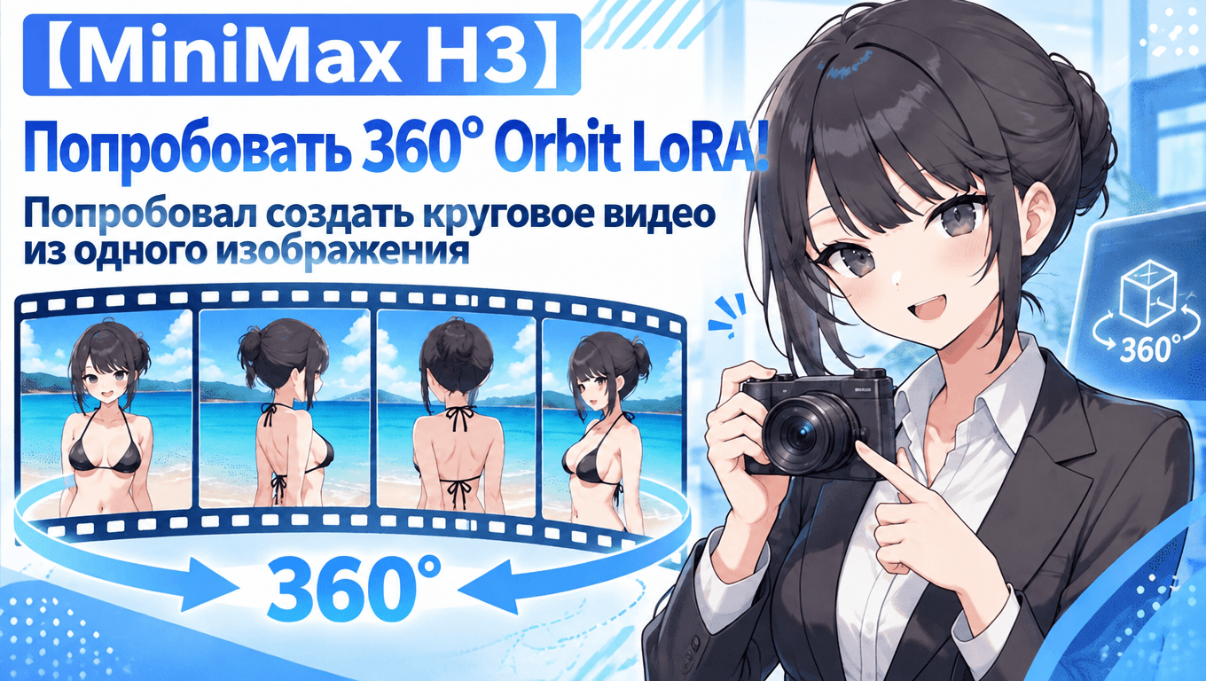Обложка гайда по MiniMax H3 360° Orbit LoRA: персонаж показан в разных ракурсах, образуя круговой пролёт камеры.