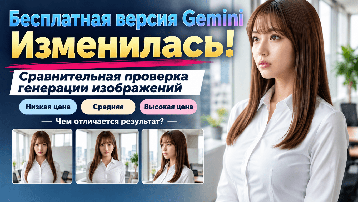 Сравнение трёх вариантов генерации портрета в бесплатной версии Gemini: от недорогого до дорогого режима обработки.