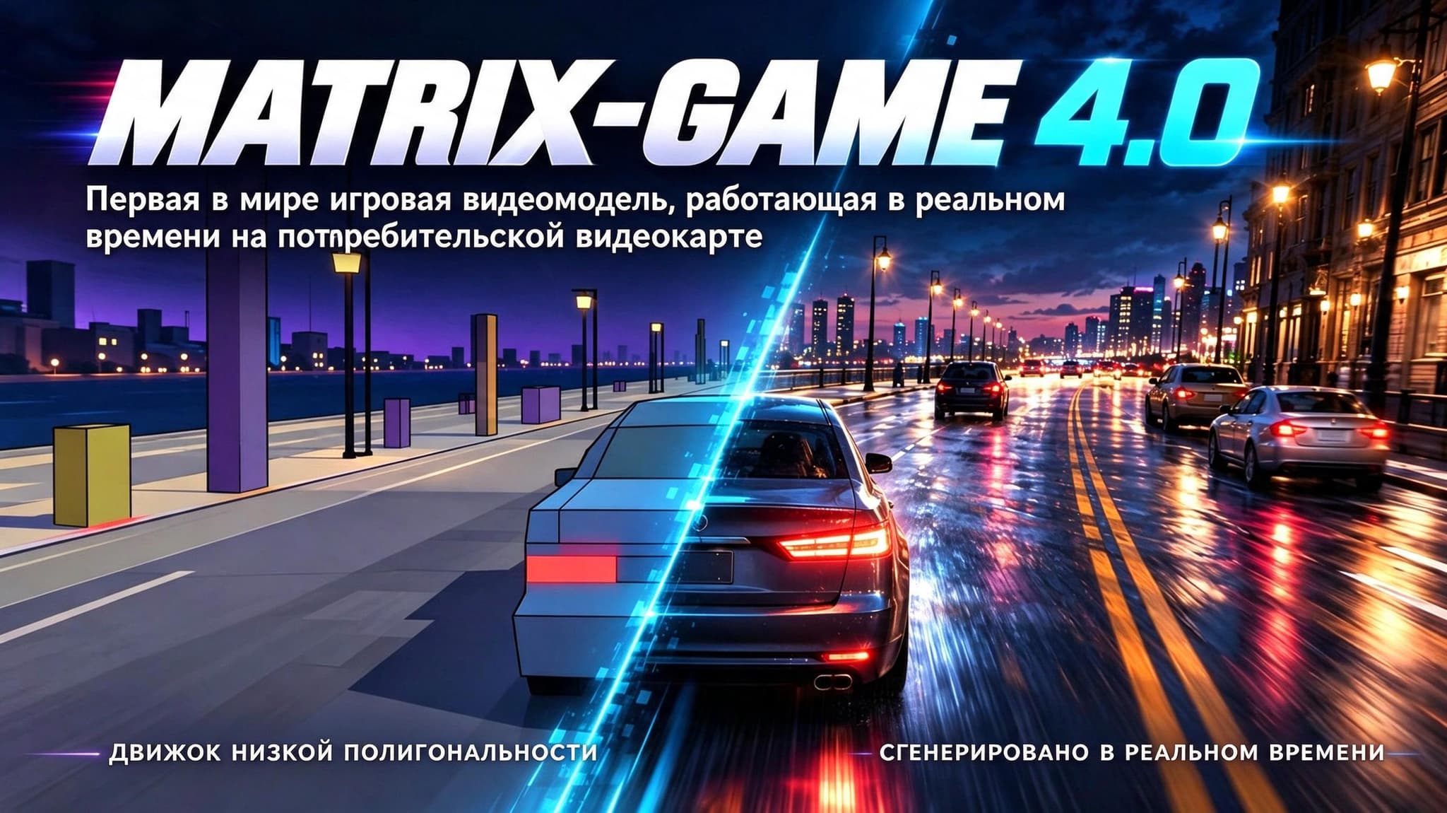 Промоизображение Matrix-Game 4.0 сопоставляет низкополигональную сцену с фотореалистичной генерацией дороги в реальном времени.