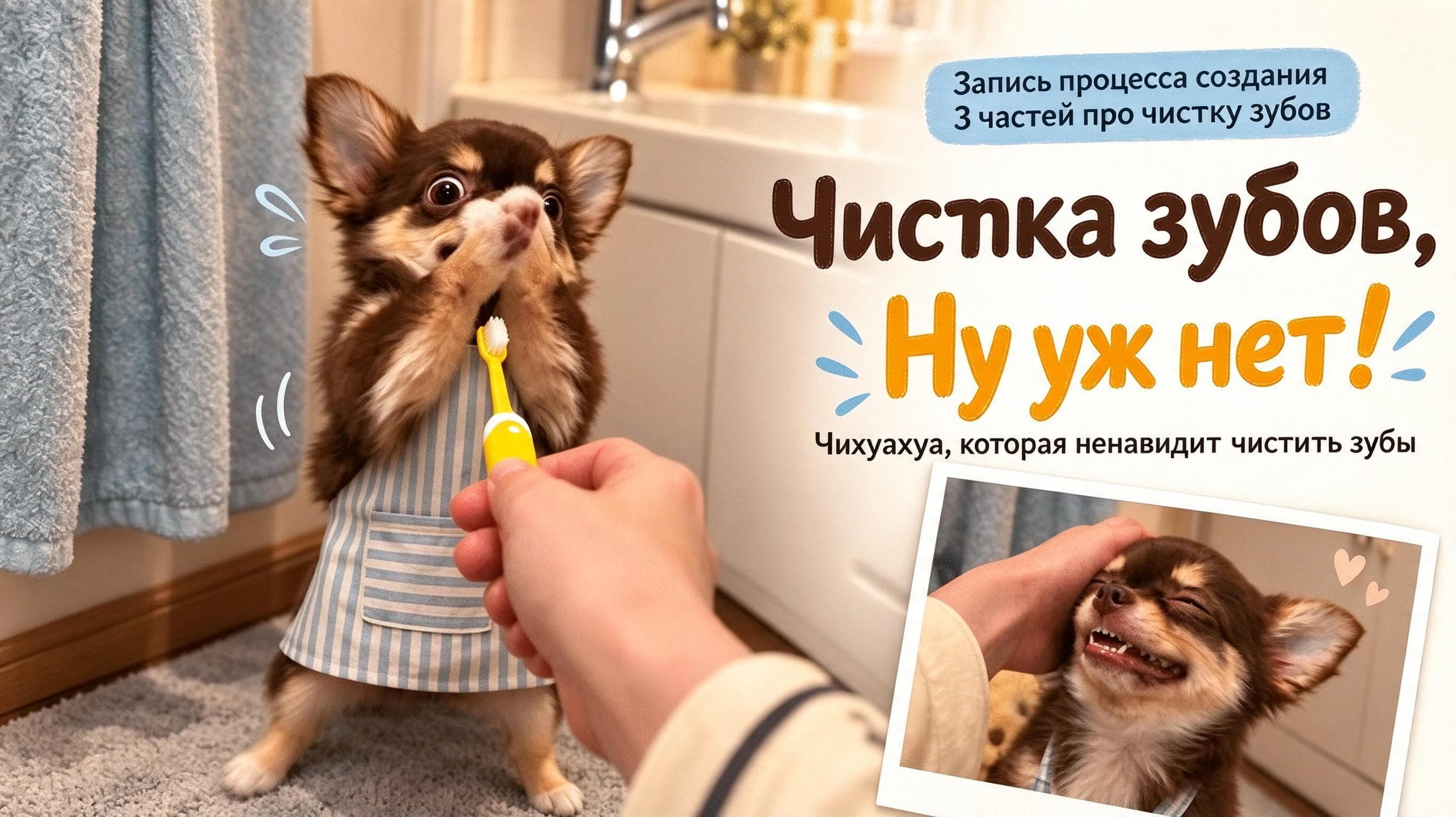 Чихуахуа сопротивляется чистке зубов — один из коротких роликов, созданных в CapCut AI.