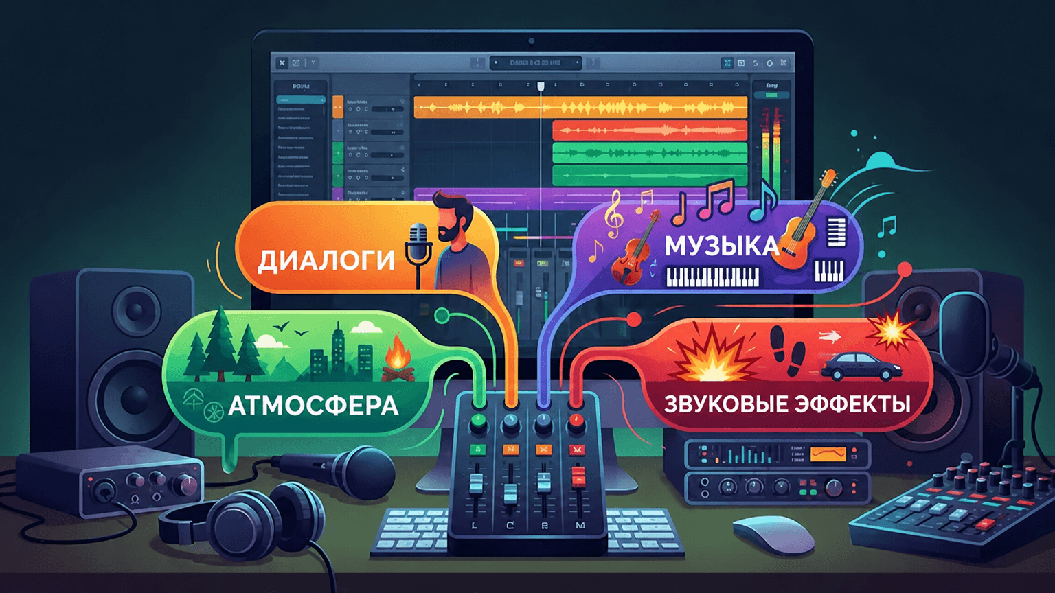 Стилизованный аудиомикшер с отдельными дорожками для диалогов, музыки, атмосферы и звуковых эффектов — как в Enhance Audio.