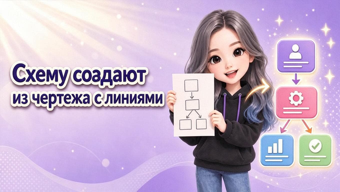 Девушка держит черновую блок-схему, что соответствует подходу сначала нарисовать схему линиями, а затем оформить её в иллюстрацию.