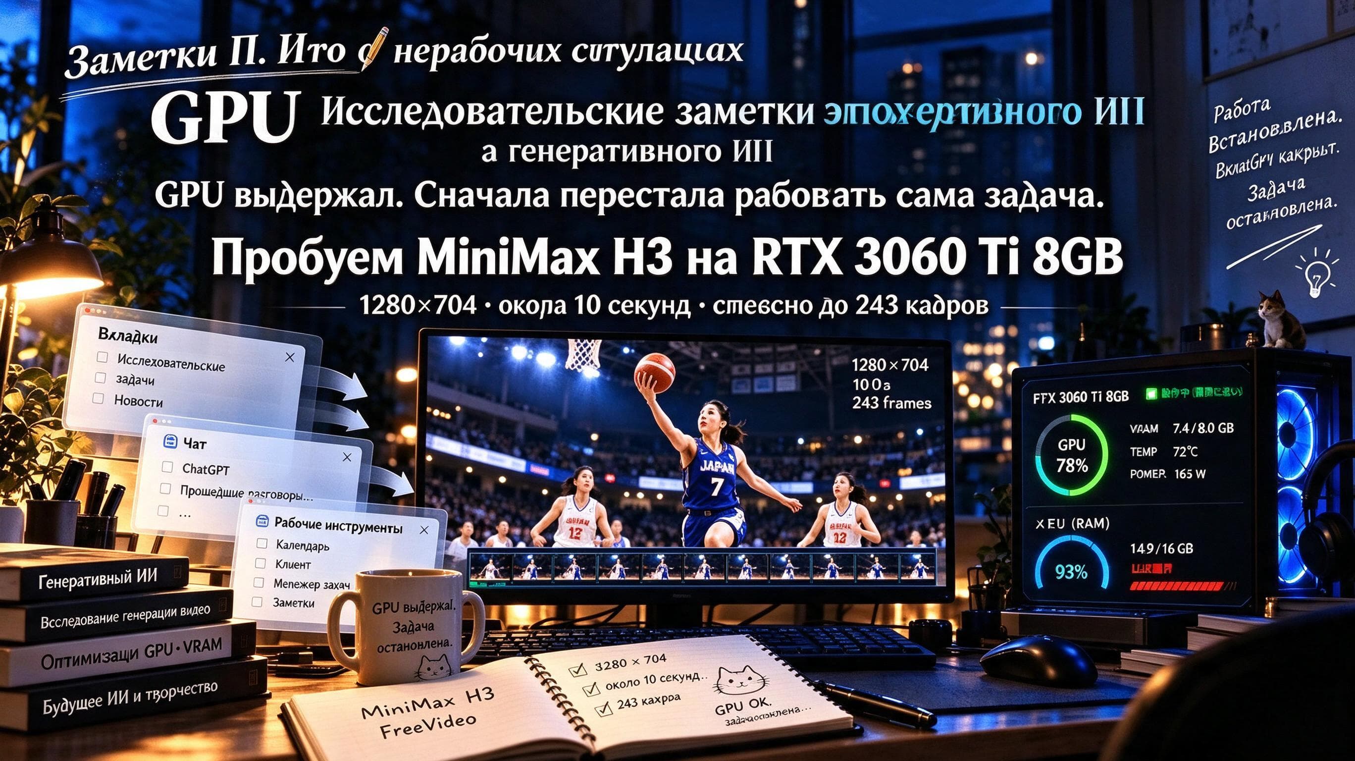 Коллаж с результатом запуска MiniMax H3 на RTX 3060 Ti 8 ГБ: указаны разрешение 1280×704, около 10 секунд и 243 кадра.