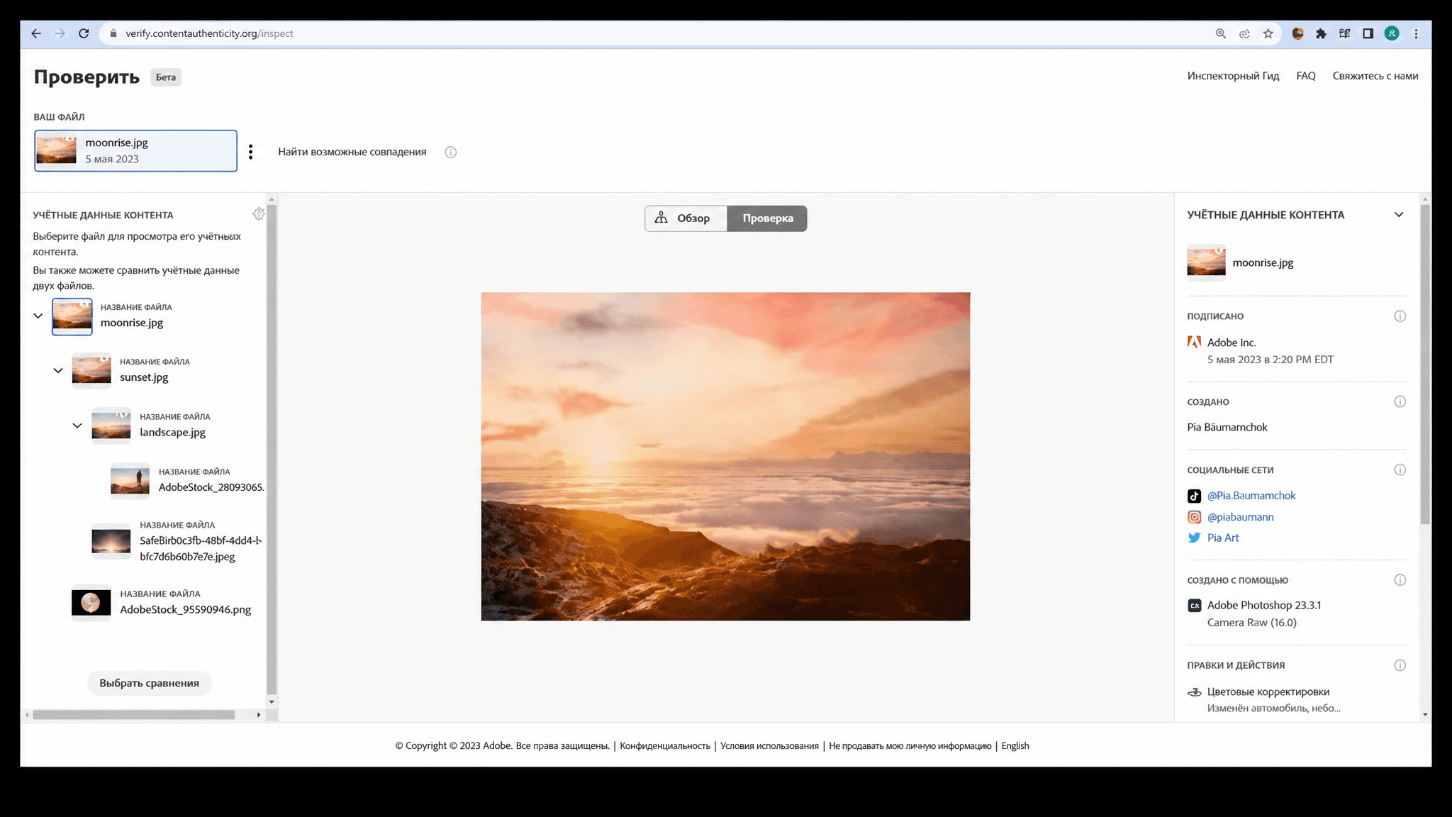 Интерфейс Verify показывает Content Credentials изображения, данные о подписи Adobe Inc. и правках в Adobe Photoshop.