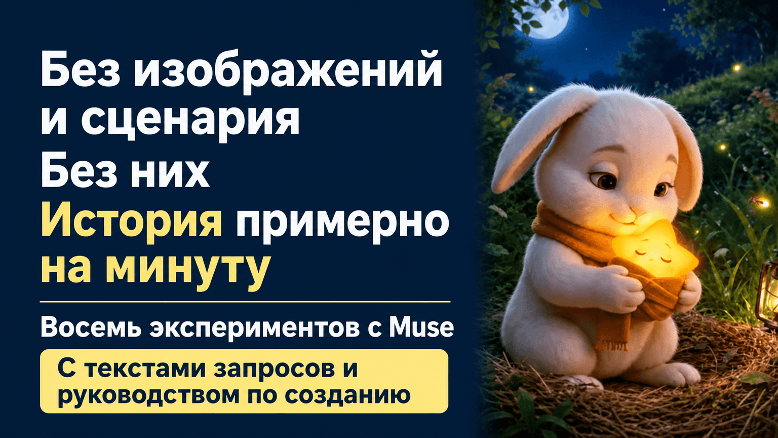 Мультяшный зайчик с сияющим предметом сопровождает материал об экспериментах Muse по созданию анимации без сценария и изображений.