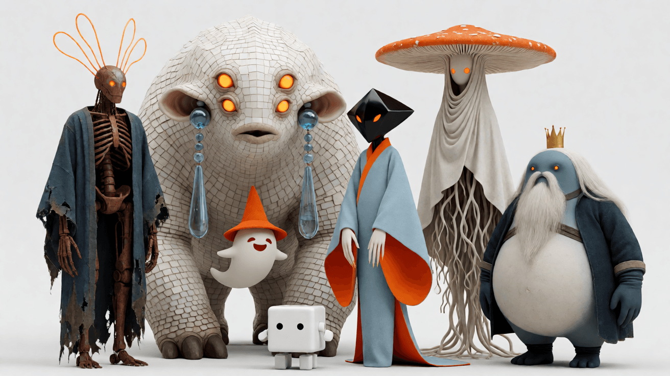 Пример: 3D-рендер шести фантастических существ и робота