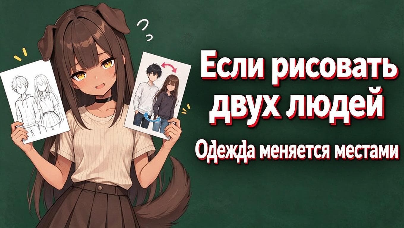 Аниме-персонаж держит эскиз пары и цветной вариант, связанный с передачей парной композиции через i2i.
