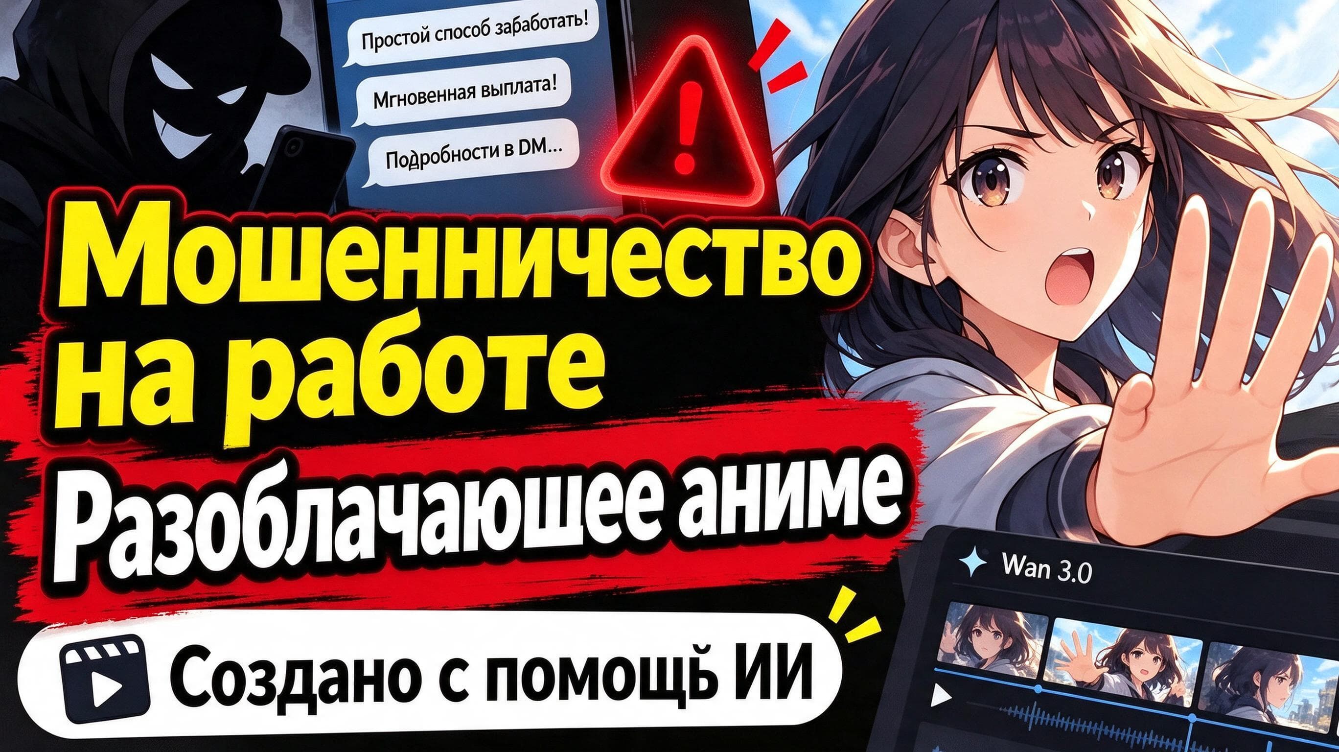 Превью анимации о мошеннических подработках: девушка предупреждает об опасности, рядом показан монтажный интерфейс Wan 3.0.