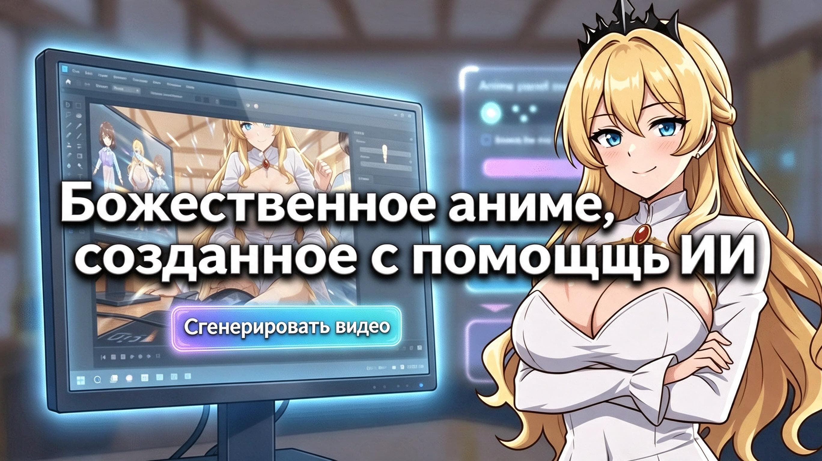Экран видеоредактора с аниме-кадрами и кнопкой Generate Video рядом с персонажем, что связано с созданием аниме с помощью ИИ.