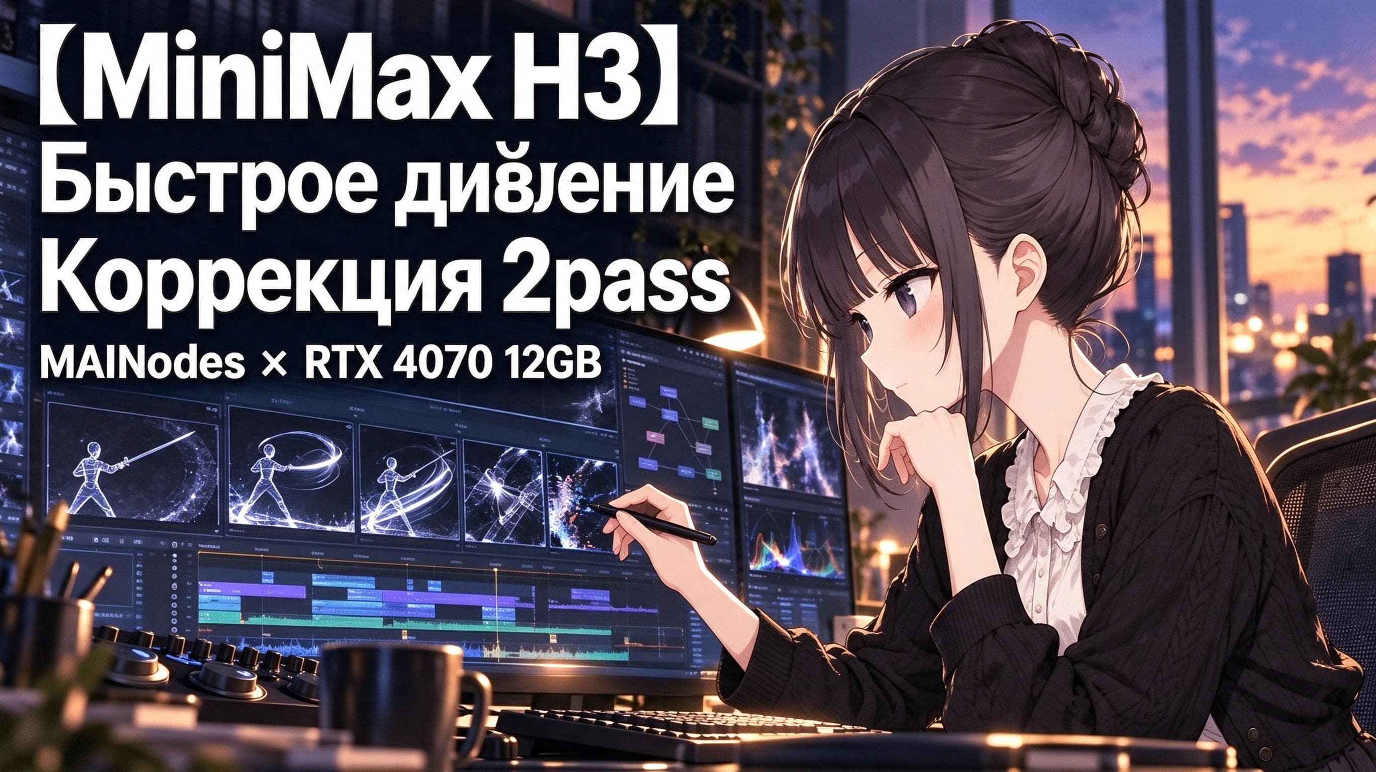Заставка с японским заголовком о коррекции быстрых сцен MiniMax H3 в два прохода и интерфейсом видеомонтажа.