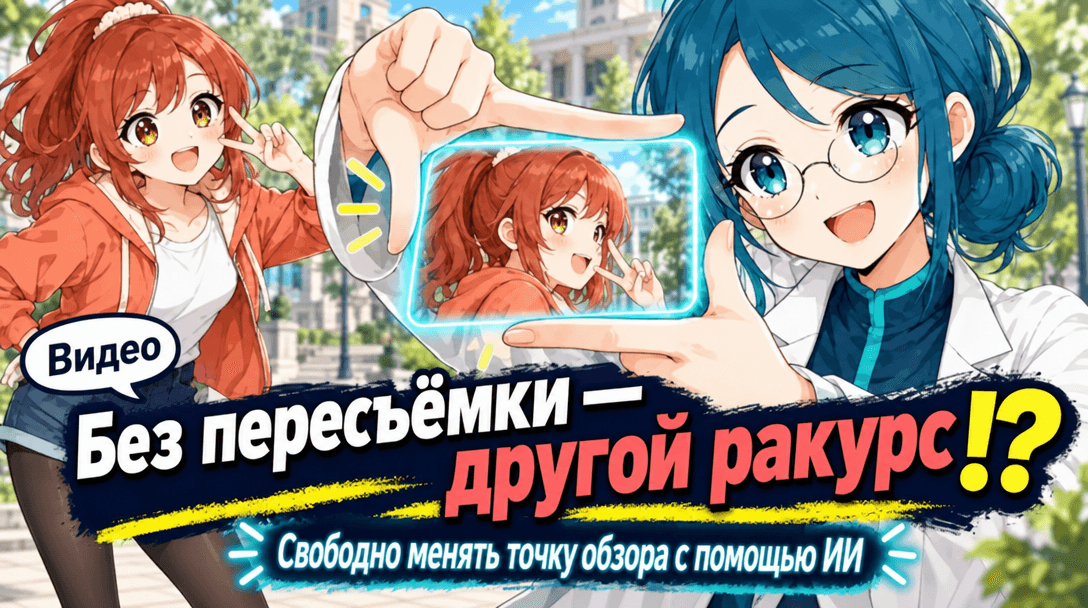 Анимированная иллюстрация показывает смену ракурса видео без пересъёмки с помощью ИИ, что соответствует теме материала.