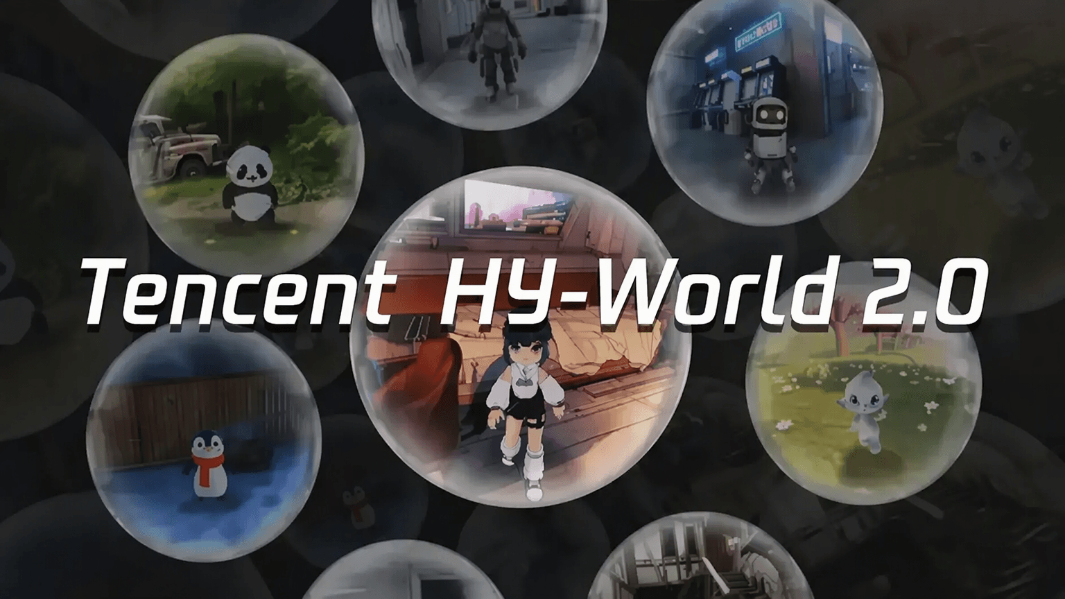 Коллаж Tencent HY-World 2.0 с несколькими фантазийными сценами и персонажами, связанный с темой генерации видео Tencent.