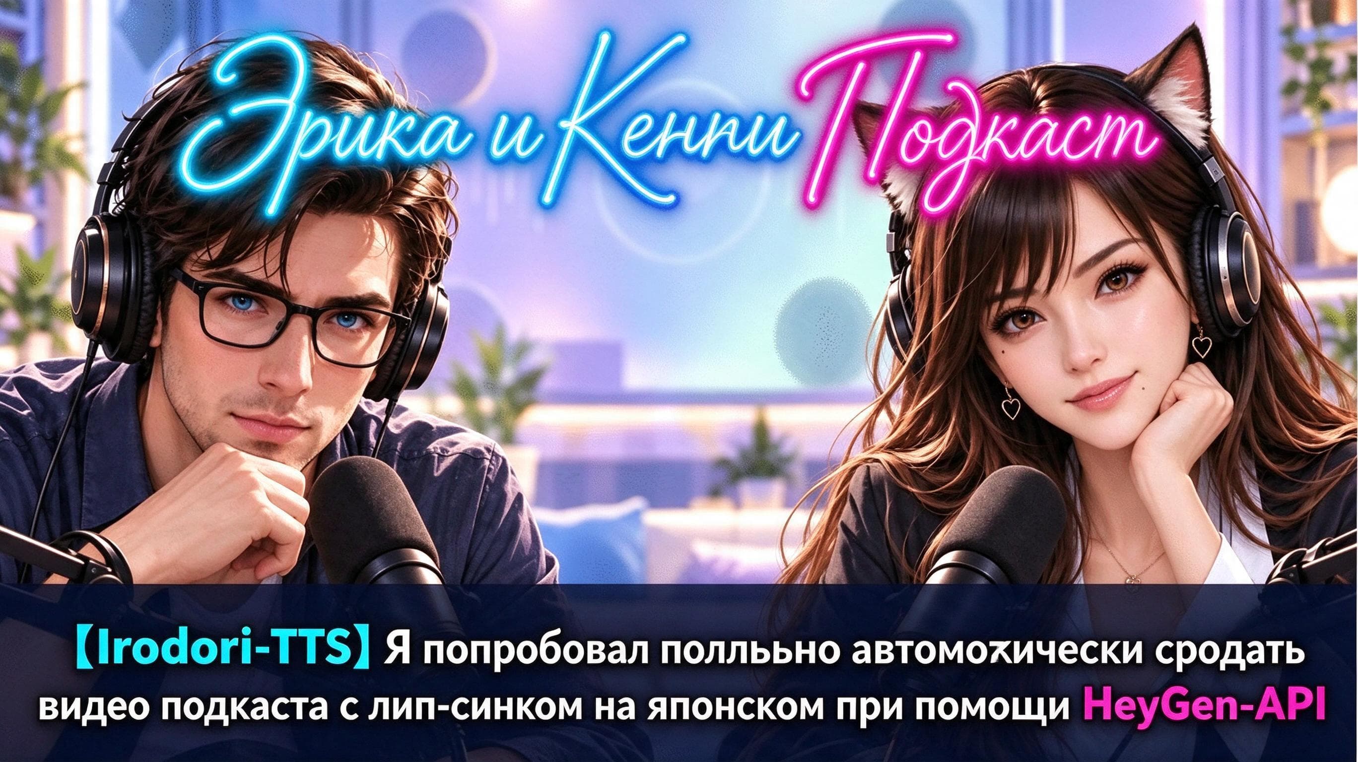 Обложка подкаста с двумя ведущими в наушниках и микрофонами; надпись связывает выпуск с Irodori-TTS, HeyGen API и автоматическим липсинком.