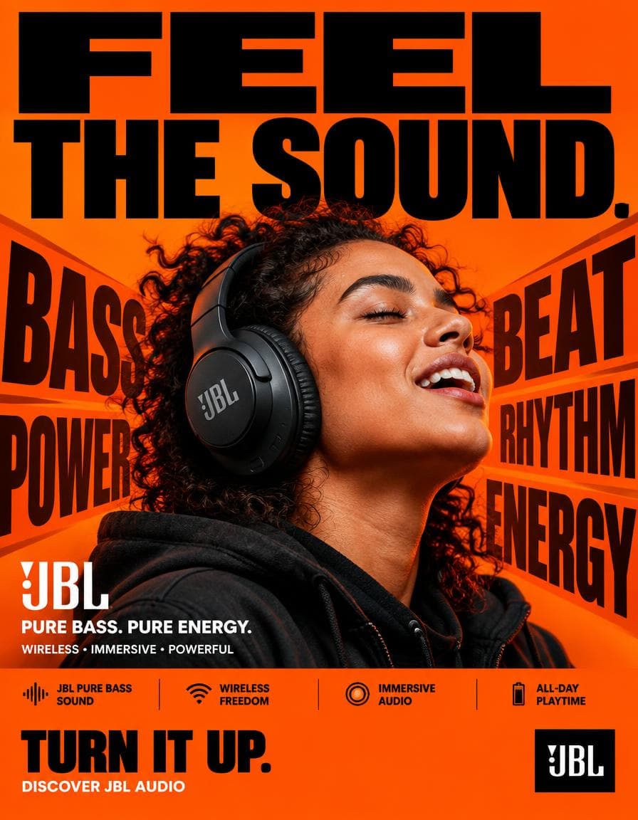 Пример приёма «Символ в кадре»: Постер jbl feel the sound с крупной типографикой